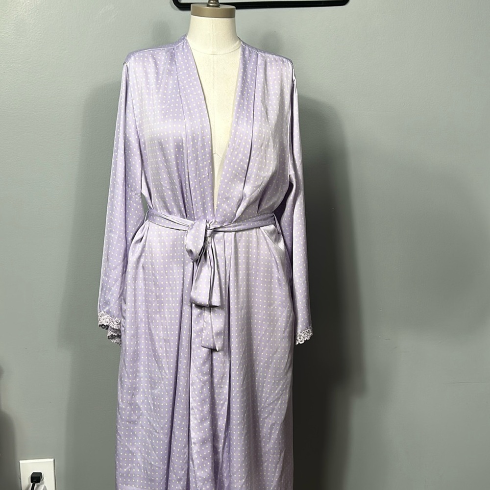 Natori Large Lavender Polka Dot Maxi Robe Vintage Belted